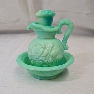 Avon Vintage Skin So Soft Oil Jar(Empty) w/ Stopper and Dish Jadite Colored